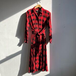 Vintage 80s 90s Red Buffalo Plaid Flannel Midi Dress Ann Tjian For Kenar Rayon
